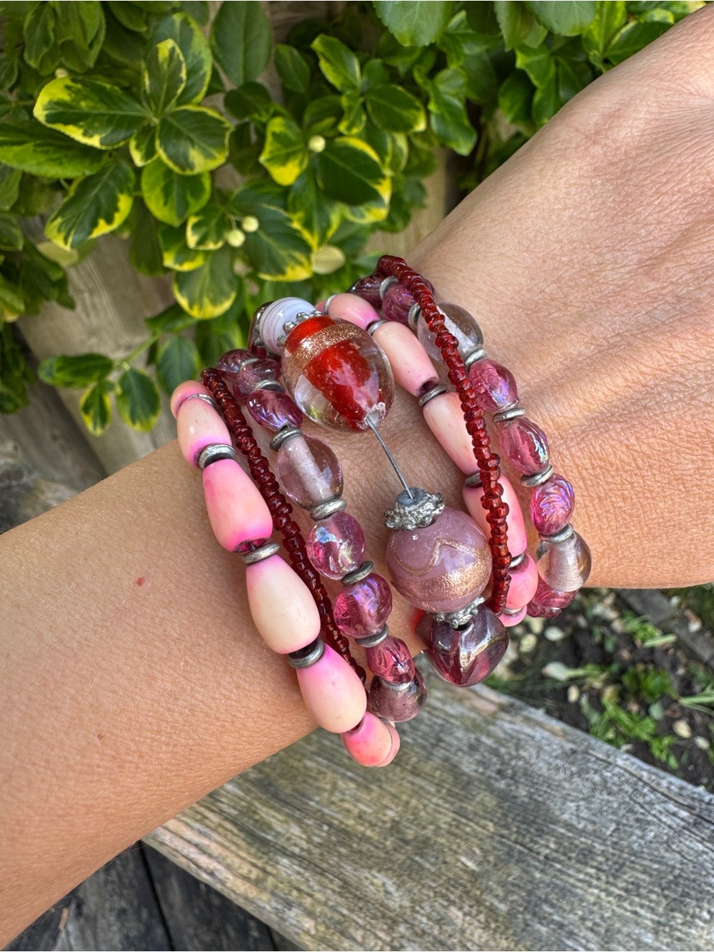 Glass Beaded Wrap Bracelet in Pink and Red